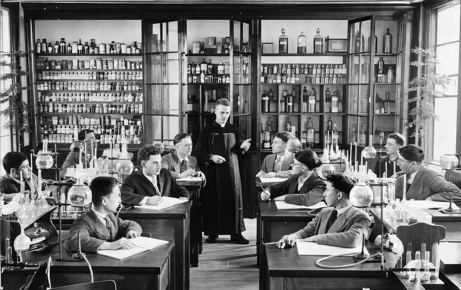 Aula de química com o padre H. Boudreau em 1928